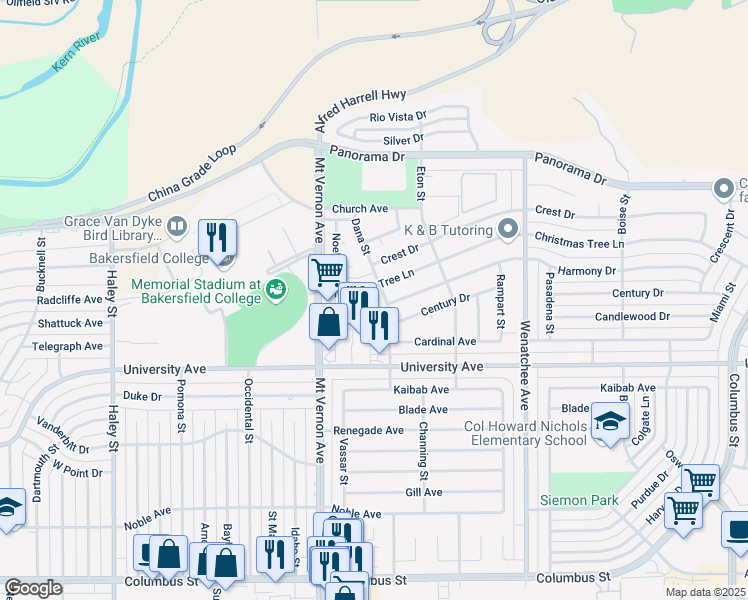 map of restaurants, bars, coffee shops, grocery stores, and more near 3792 Dana Street in Bakersfield