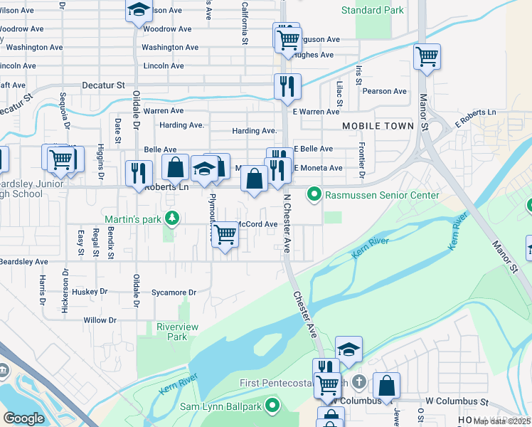 map of restaurants, bars, coffee shops, grocery stores, and more near 112 East McCord Avenue in Bakersfield