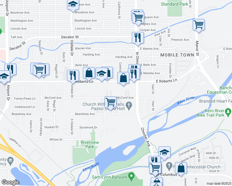 map of restaurants, bars, coffee shops, grocery stores, and more near 204 McCord Avenue in Bakersfield
