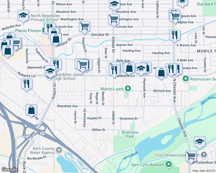 map of restaurants, bars, coffee shops, grocery stores, and more near 208 Colin B Kelly Drive in Bakersfield