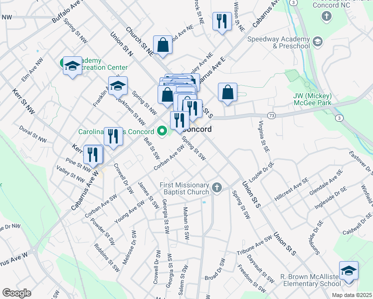 map of restaurants, bars, coffee shops, grocery stores, and more near 122 Spring Street Southwest in Concord