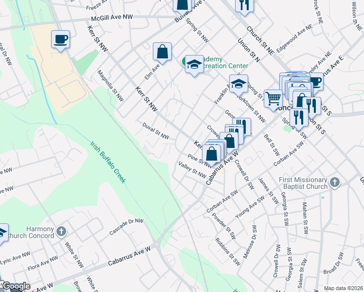 map of restaurants, bars, coffee shops, grocery stores, and more near 255 Cedar Drive Northwest in Concord