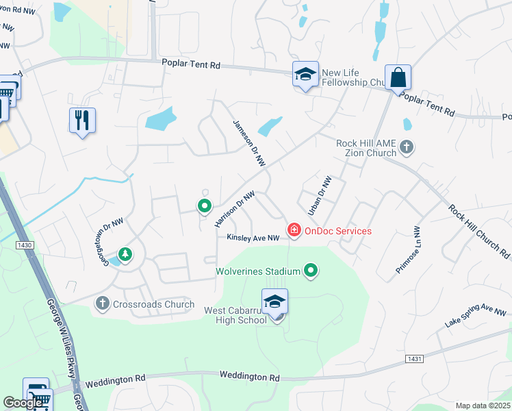 map of restaurants, bars, coffee shops, grocery stores, and more near 2630 Lansing Street Northwest in Concord