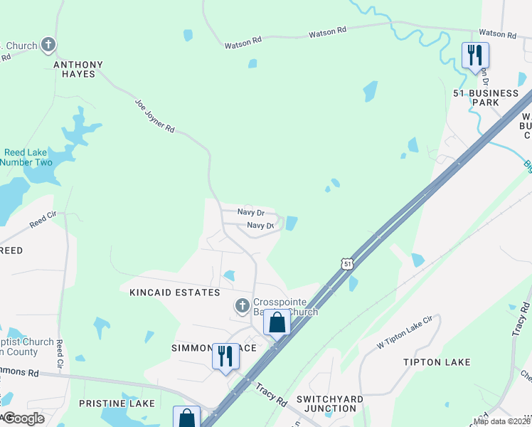 map of restaurants, bars, coffee shops, grocery stores, and more near 158 Navy Circle in Munford
