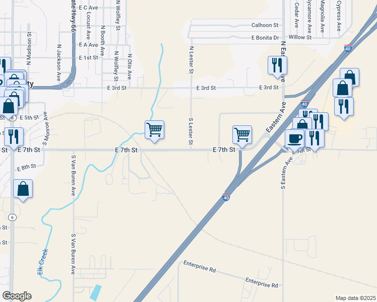 map of restaurants, bars, coffee shops, grocery stores, and more near 1301-1399 East 7th Street in Elk City