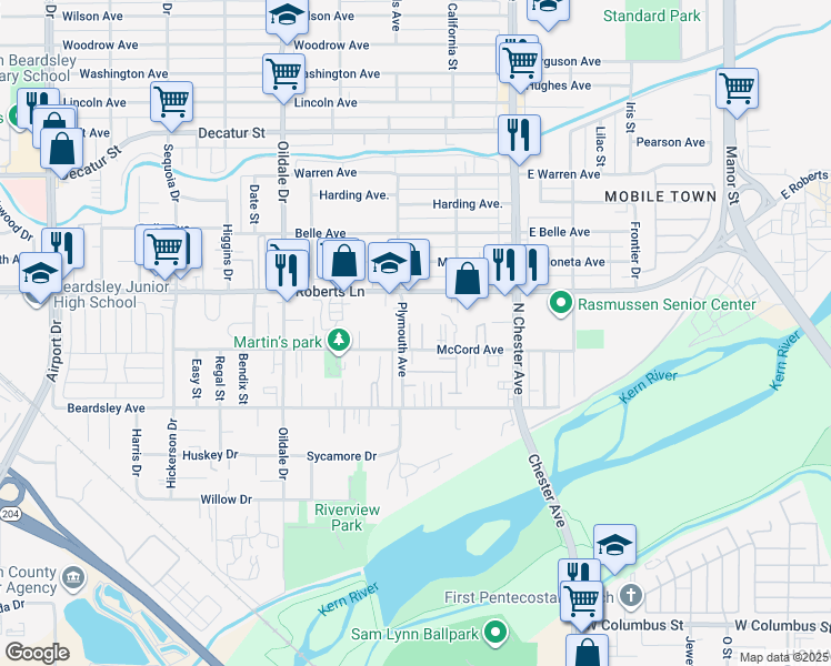 map of restaurants, bars, coffee shops, grocery stores, and more near 214 McCord Avenue in Bakersfield