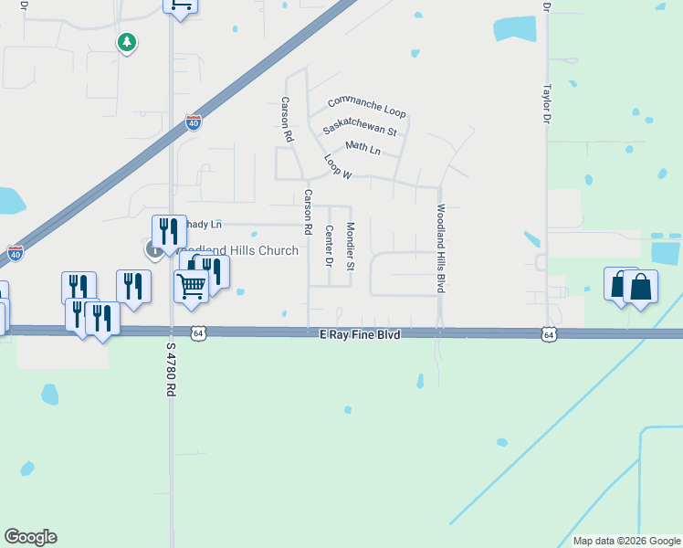 map of restaurants, bars, coffee shops, grocery stores, and more near 102 Center Drive in Roland