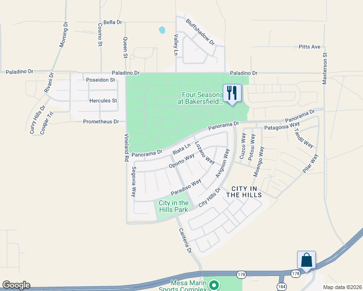 map of restaurants, bars, coffee shops, grocery stores, and more near 10120 Riata Lane in Bakersfield