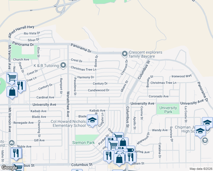 map of restaurants, bars, coffee shops, grocery stores, and more near 3605 Century Drive in Bakersfield