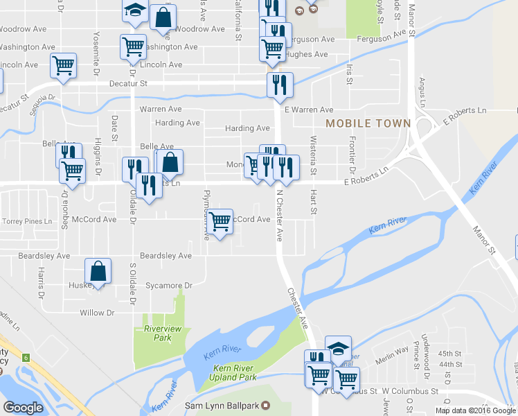 map of restaurants, bars, coffee shops, grocery stores, and more near 112 East McCord Avenue in Bakersfield