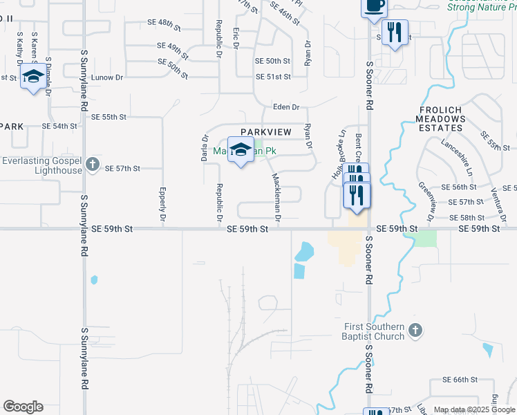 map of restaurants, bars, coffee shops, grocery stores, and more near 5000 Southeast 58th Street in Oklahoma City