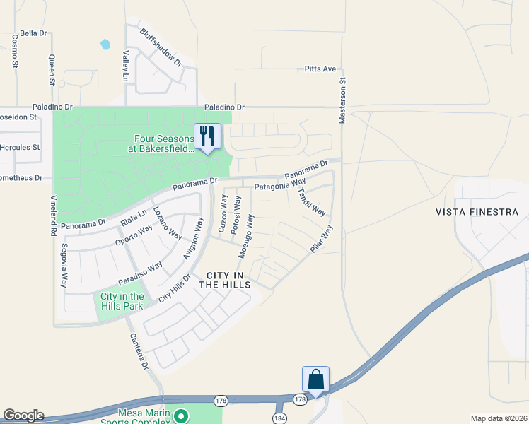 map of restaurants, bars, coffee shops, grocery stores, and more near 10800 Asuncion Place in Bakersfield