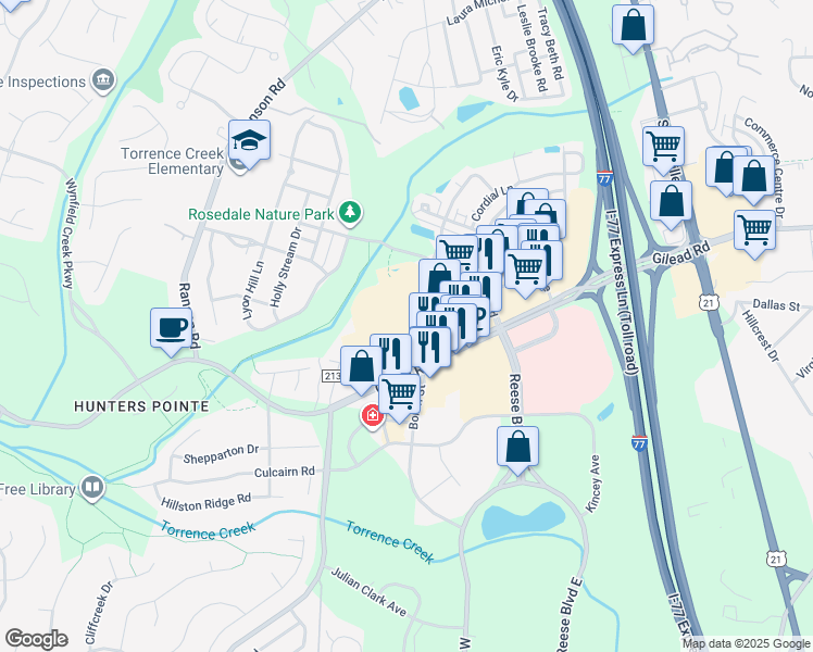 map of restaurants, bars, coffee shops, grocery stores, and more near 14234 Boren Street in Huntersville
