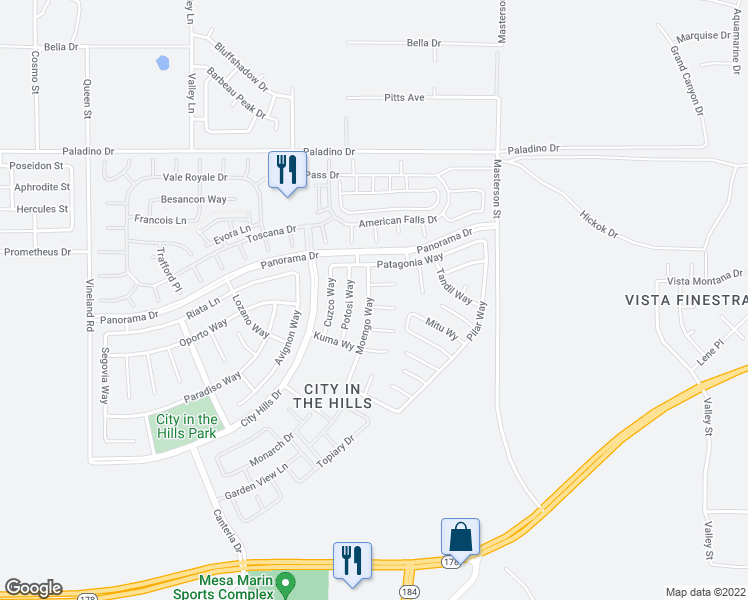 map of restaurants, bars, coffee shops, grocery stores, and more near 10800 Asuncion Place in Bakersfield