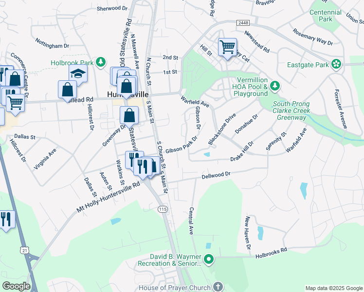 map of restaurants, bars, coffee shops, grocery stores, and more near 301 Gibson Park Drive in Huntersville