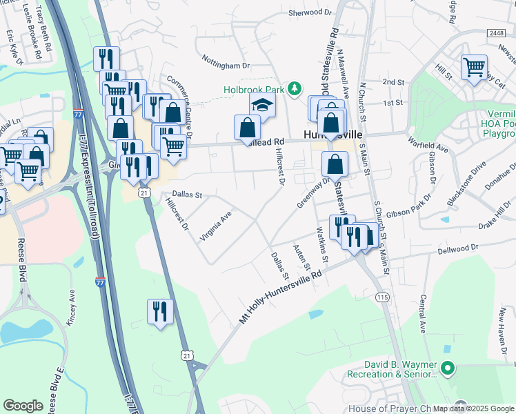map of restaurants, bars, coffee shops, grocery stores, and more near 210 Hillcrest Drive in Huntersville