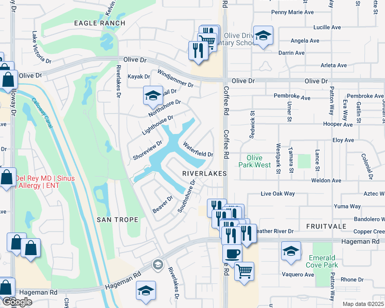 map of restaurants, bars, coffee shops, grocery stores, and more near 8403 Waterfield Drive in Bakersfield