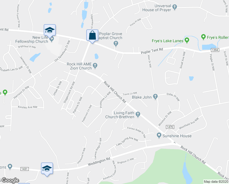map of restaurants, bars, coffee shops, grocery stores, and more near 3511 Rock Hill Church Road in Concord