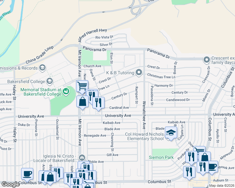 map of restaurants, bars, coffee shops, grocery stores, and more near 2718 Century Drive in Bakersfield