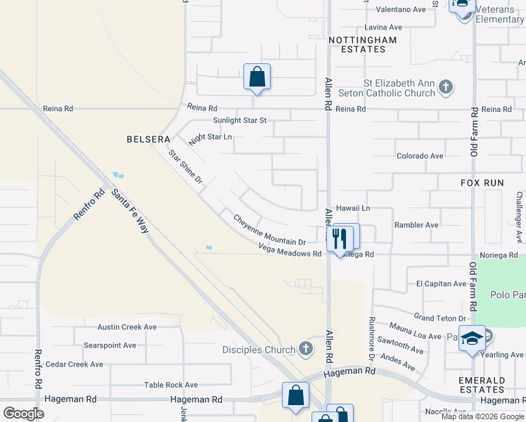 map of restaurants, bars, coffee shops, grocery stores, and more near 13300 Boyd Lake Drive in Bakersfield