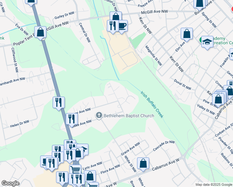 map of restaurants, bars, coffee shops, grocery stores, and more near 280 Epworth Street Northwest in Concord