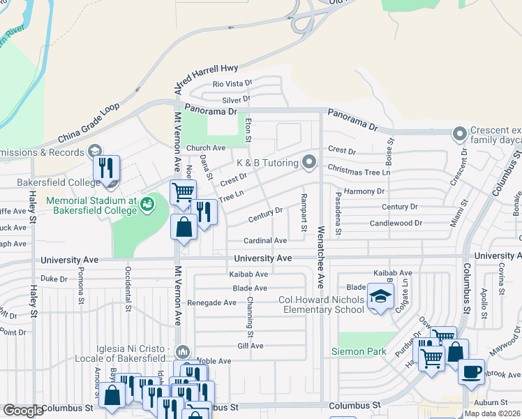 map of restaurants, bars, coffee shops, grocery stores, and more near 2718 Century Drive in Bakersfield