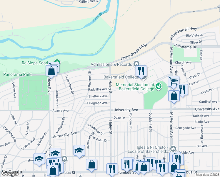 map of restaurants, bars, coffee shops, grocery stores, and more near 1404 Radcliffe Avenue in Bakersfield