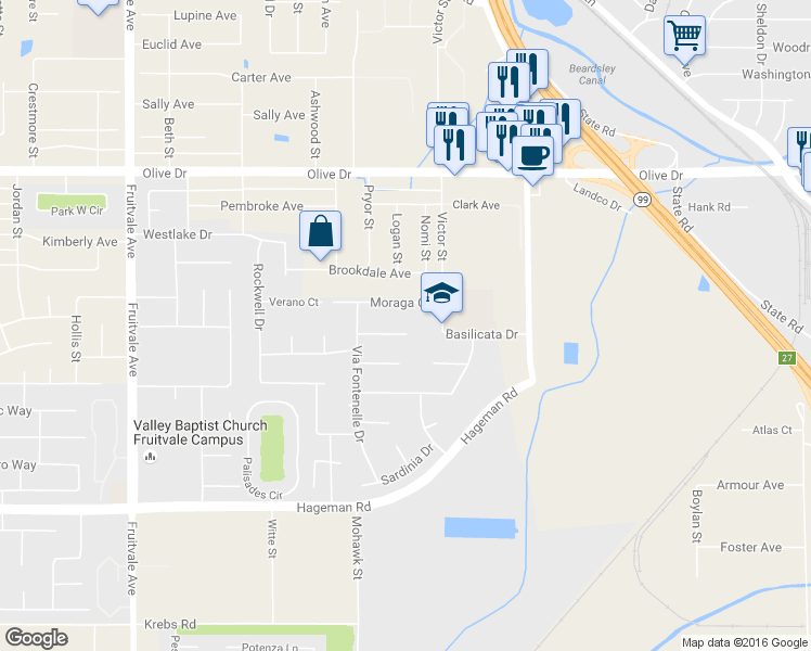 map of restaurants, bars, coffee shops, grocery stores, and more near 5518 Lombardy Court in Bakersfield