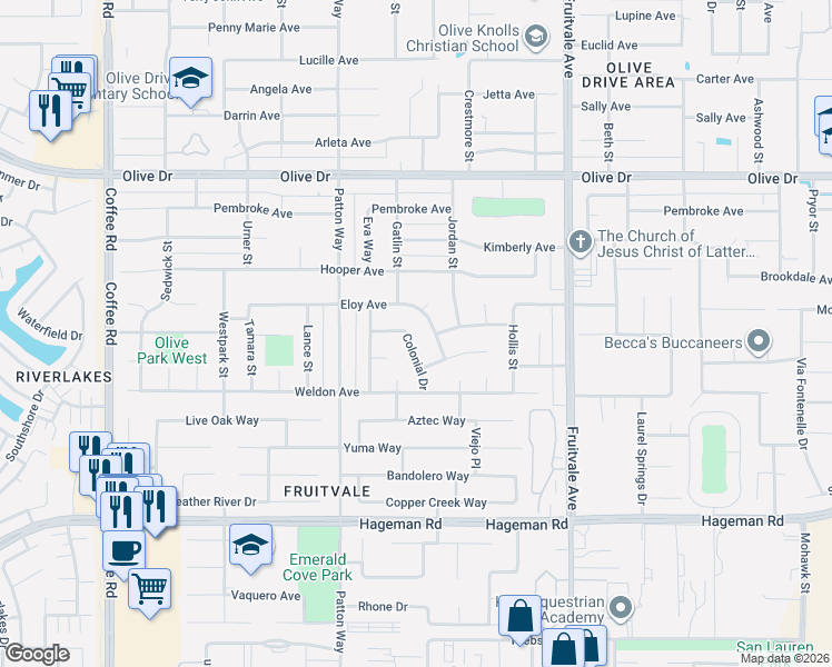 map of restaurants, bars, coffee shops, grocery stores, and more near 5312 Colonial Drive in Bakersfield