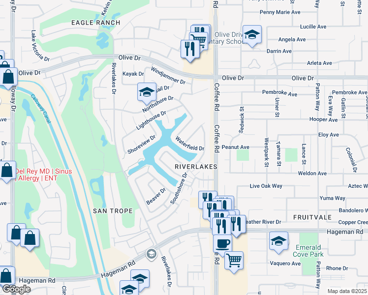 map of restaurants, bars, coffee shops, grocery stores, and more near 8403 Waterfield Drive in Bakersfield