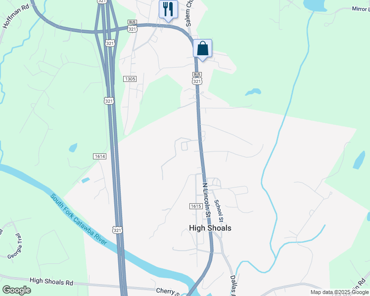 map of restaurants, bars, coffee shops, grocery stores, and more near 366 Armstrong Circle in High Shoals