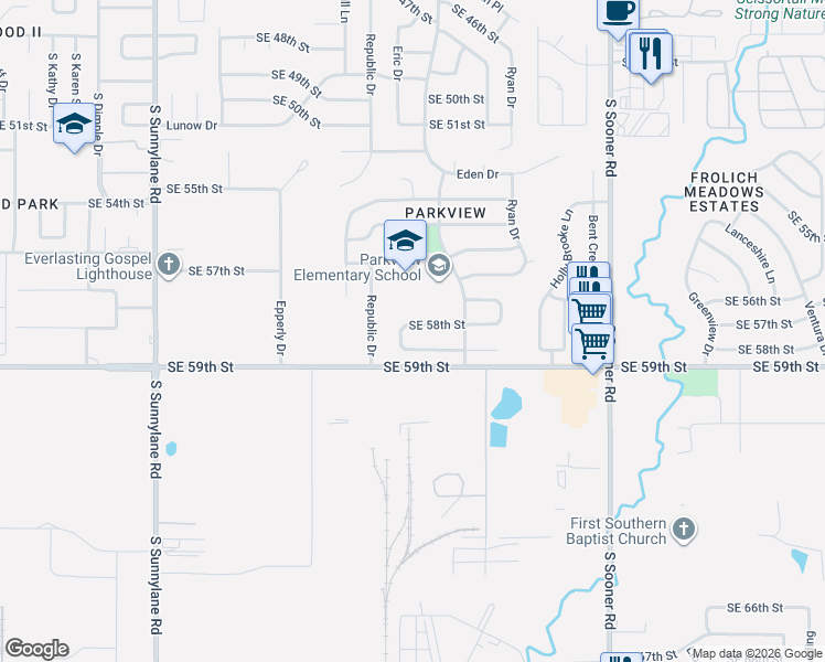 map of restaurants, bars, coffee shops, grocery stores, and more near 4928 Southeast 58th Street in Oklahoma City