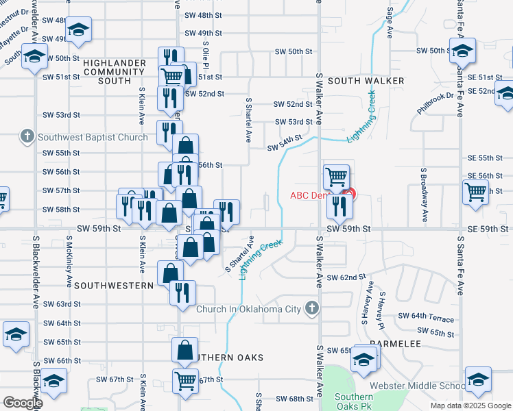 map of restaurants, bars, coffee shops, grocery stores, and more near 5901 South Lee Avenue in Oklahoma City