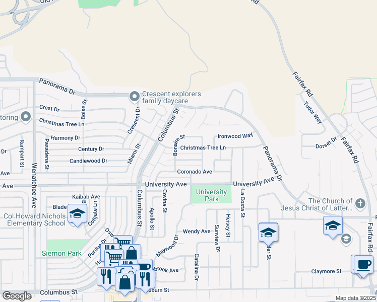 map of restaurants, bars, coffee shops, grocery stores, and more near 4225 Christmas Tree Lane in Bakersfield