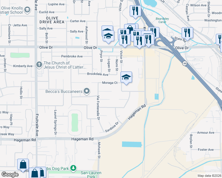 map of restaurants, bars, coffee shops, grocery stores, and more near 5510 Lombardy Court in Bakersfield