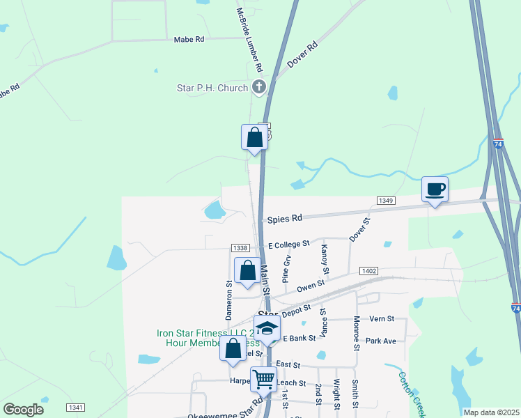 map of restaurants, bars, coffee shops, grocery stores, and more near 480 North Main Street in Star