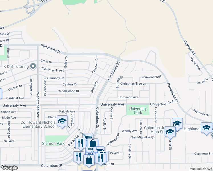 map of restaurants, bars, coffee shops, grocery stores, and more near 4501 Columbus Street in Bakersfield