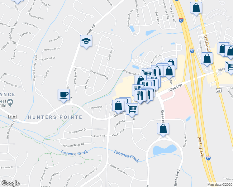 map of restaurants, bars, coffee shops, grocery stores, and more near 14432 Tribute Place Drive in Huntersville
