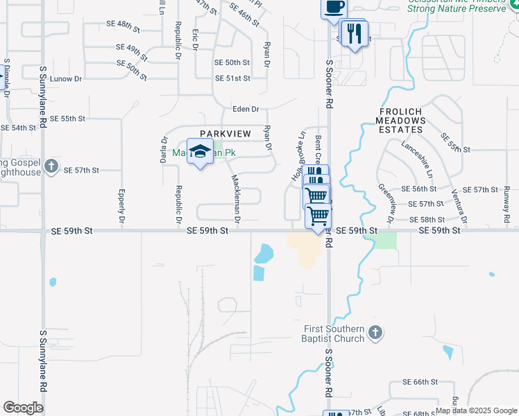 map of restaurants, bars, coffee shops, grocery stores, and more near 5208 Southeast 58th Street in Oklahoma City