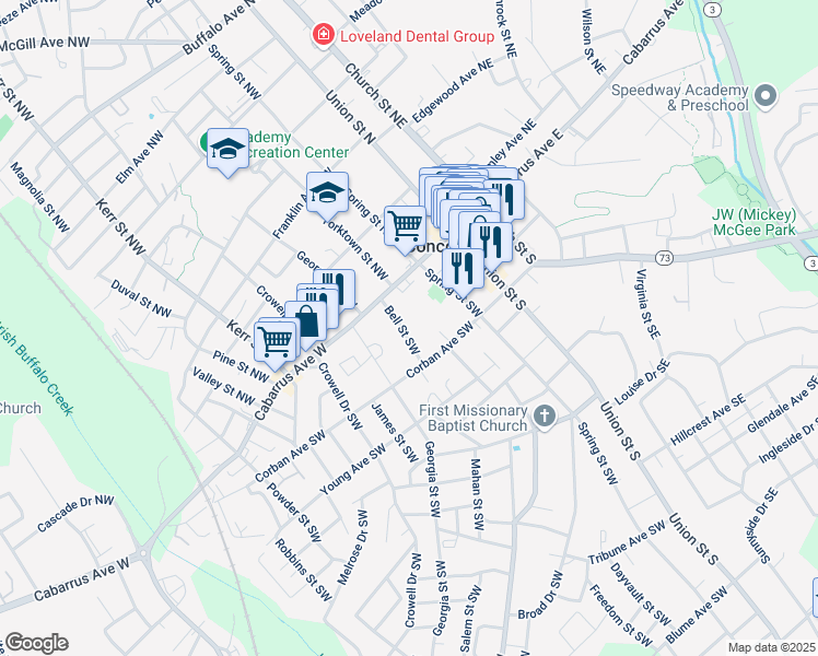 map of restaurants, bars, coffee shops, grocery stores, and more near 51 Bell Street Southwest in Concord