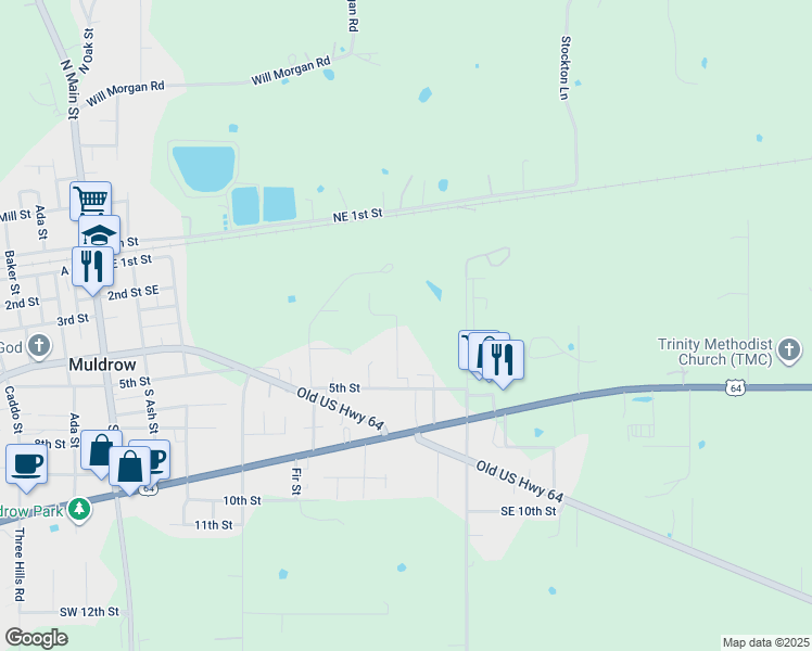 map of restaurants, bars, coffee shops, grocery stores, and more near 503 Juniper Lane in Muldrow