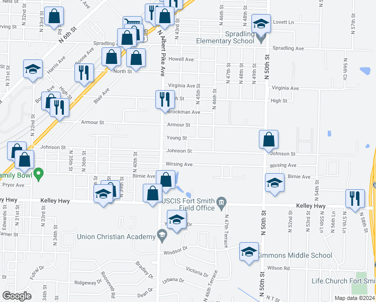 map of restaurants, bars, coffee shops, grocery stores, and more near 4401 Johnson Street in Fort Smith