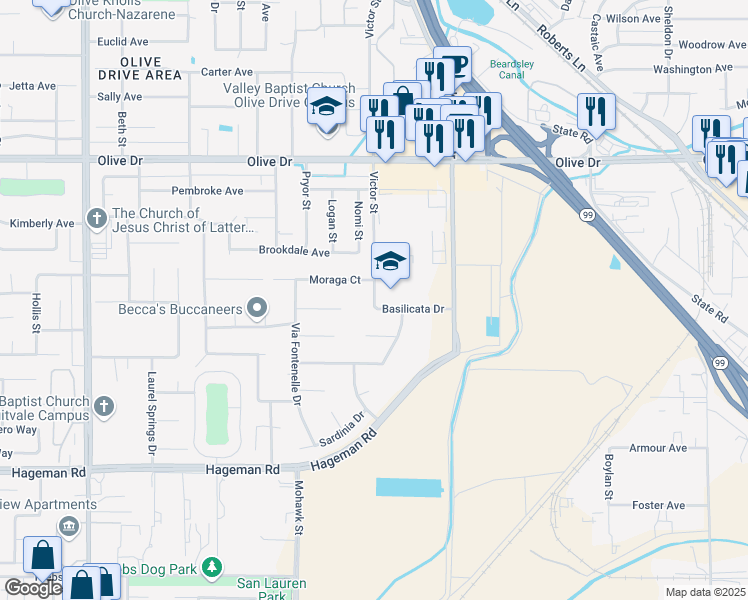 map of restaurants, bars, coffee shops, grocery stores, and more near 5210 Victor Street in Bakersfield