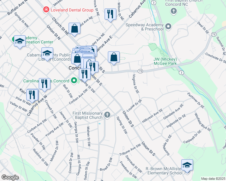 map of restaurants, bars, coffee shops, grocery stores, and more near 161 Union Street South in Concord