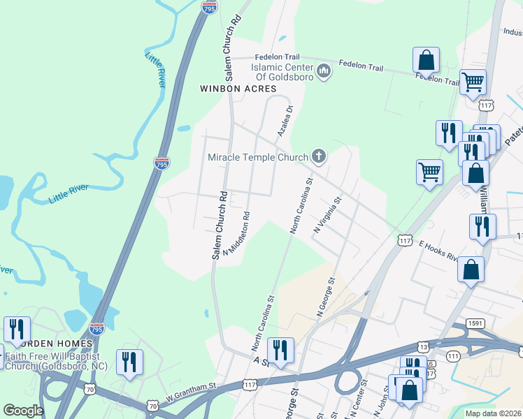map of restaurants, bars, coffee shops, grocery stores, and more near 1722 Middleton Road in Goldsboro