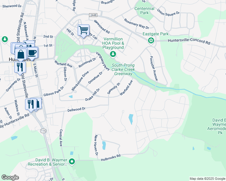 map of restaurants, bars, coffee shops, grocery stores, and more near 13111 Serenity Street in Huntersville