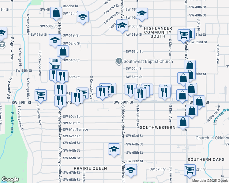 map of restaurants, bars, coffee shops, grocery stores, and more near 1321 Southwest 58th Street in Oklahoma City