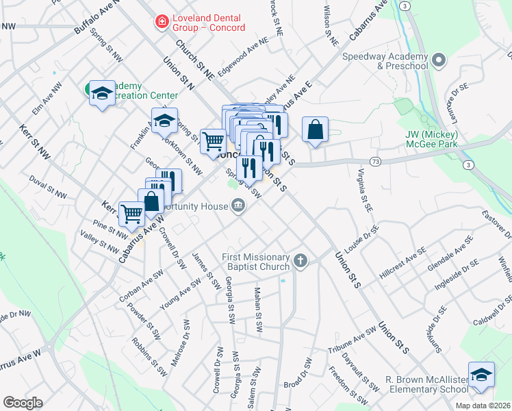 map of restaurants, bars, coffee shops, grocery stores, and more near 122 Spring Street Southwest in Concord