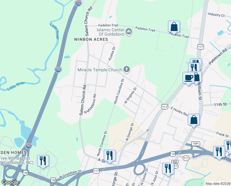 map of restaurants, bars, coffee shops, grocery stores, and more near 1790-1898 North Carolina Street in Goldsboro