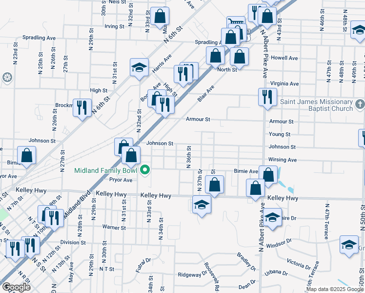 map of restaurants, bars, coffee shops, grocery stores, and more near 3510 Johnson Street in Fort Smith